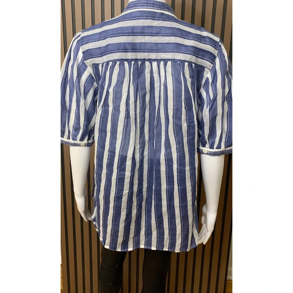 Banana Republic Blue White Striped Ramie Blouse Tall Medium Short Puff Sleeve